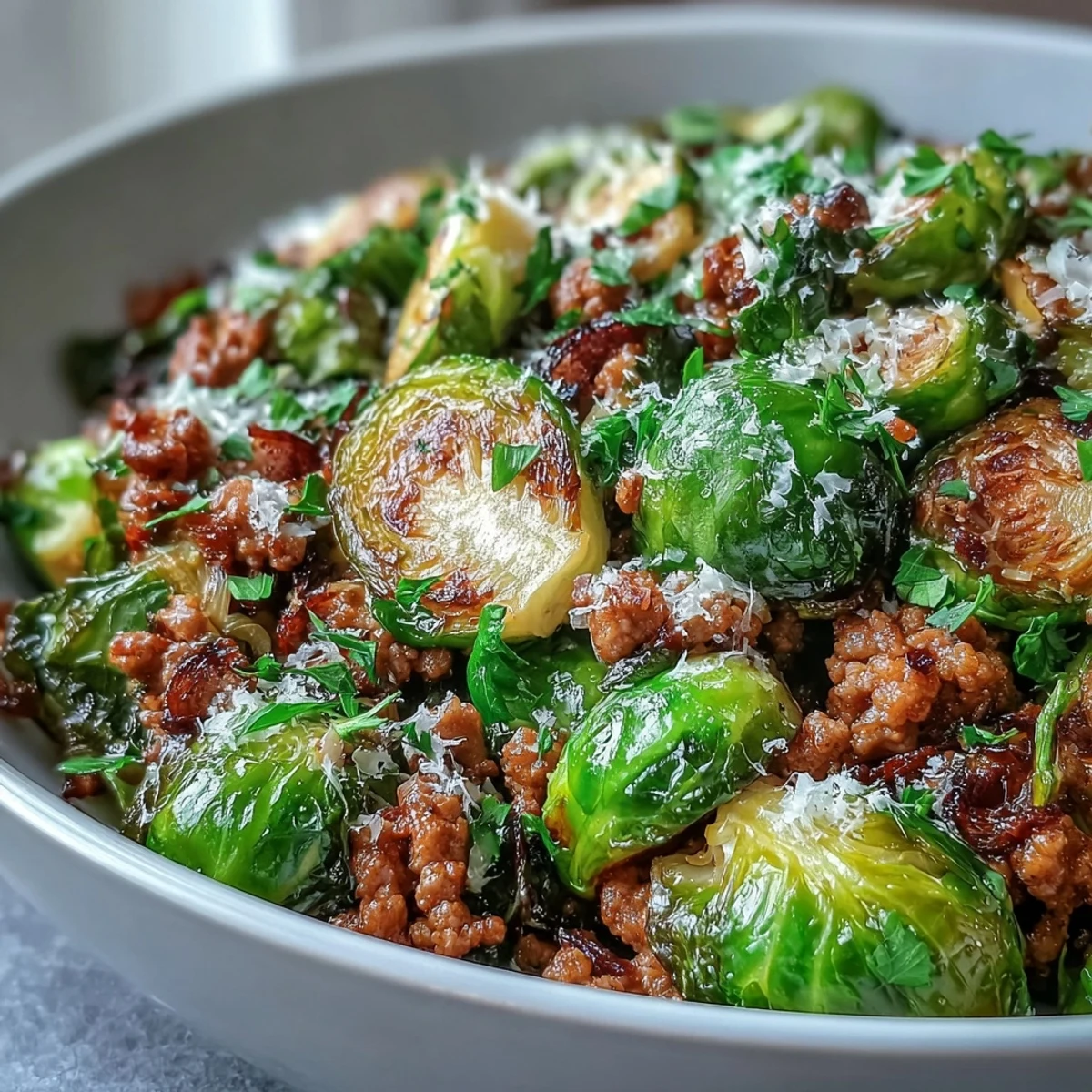 Jednoporcjowy obiad z brukselką i mielonym indykiem, gotowy do podania prosto z patelni.