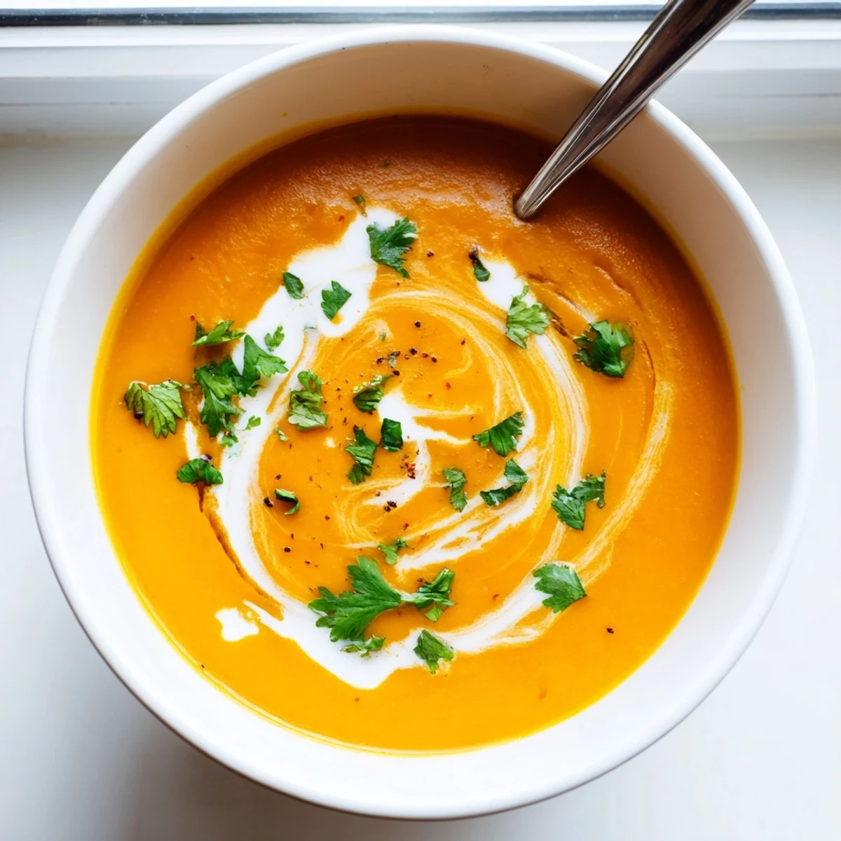 Kremowa zupa marchewkowa z soczewicą w misce, z chrupiącymi grzankami i świeżą kolendrą na wierzchu.  