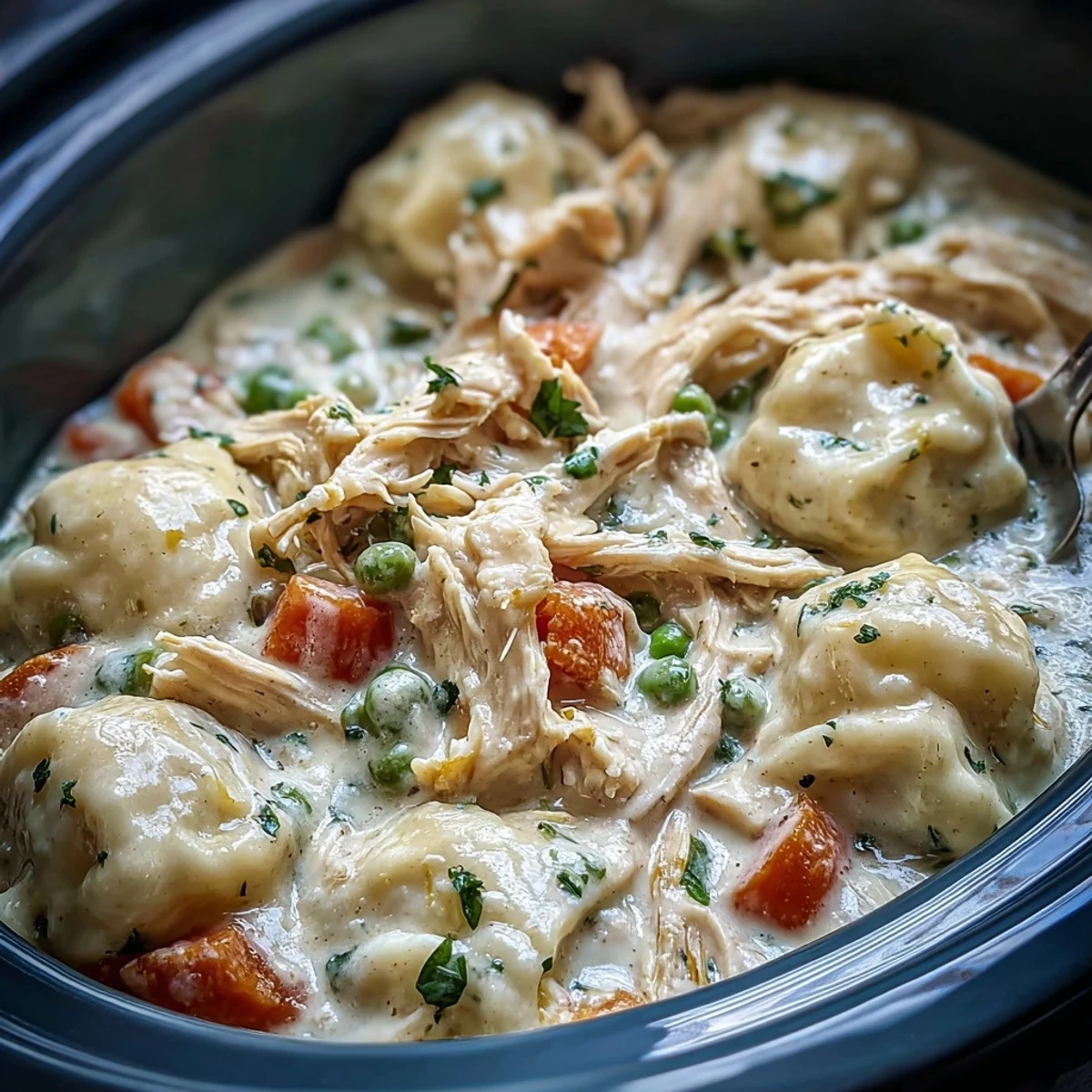 Slow Cooker Ranch Chicken & Dumplings stew topped with fluffy biscuits, steaming in the slow cooker for a comforting family dinner.