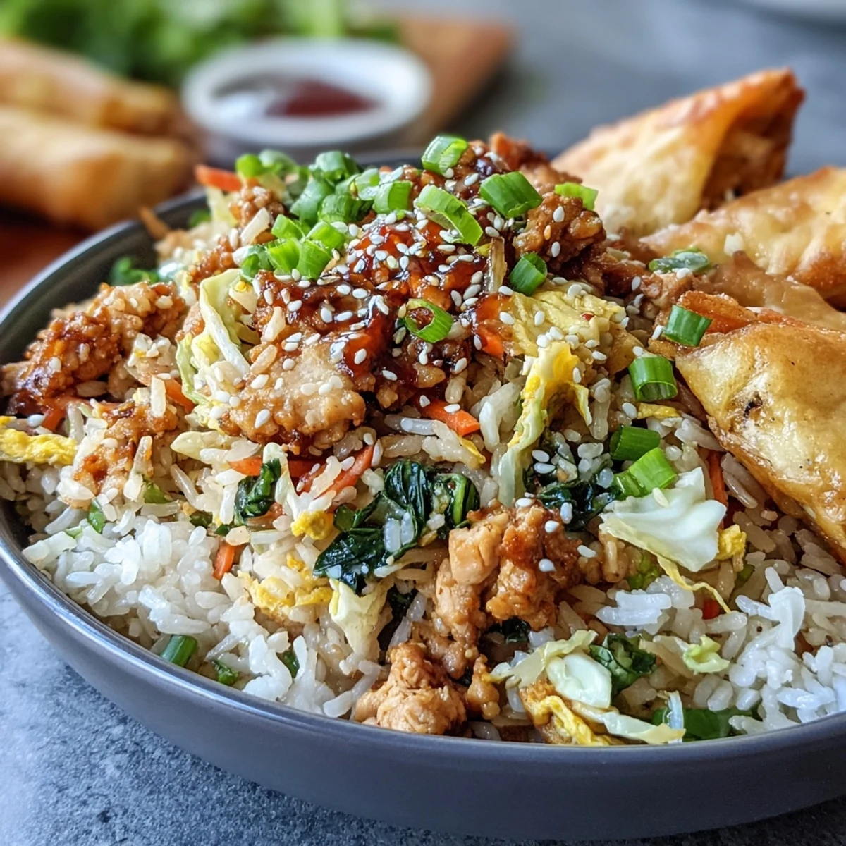 Crispy Chicken Fried Rice with Egg Roll Flavors steaming in a skillet, garnished with sesame seeds and green onions for a quick dinner.
