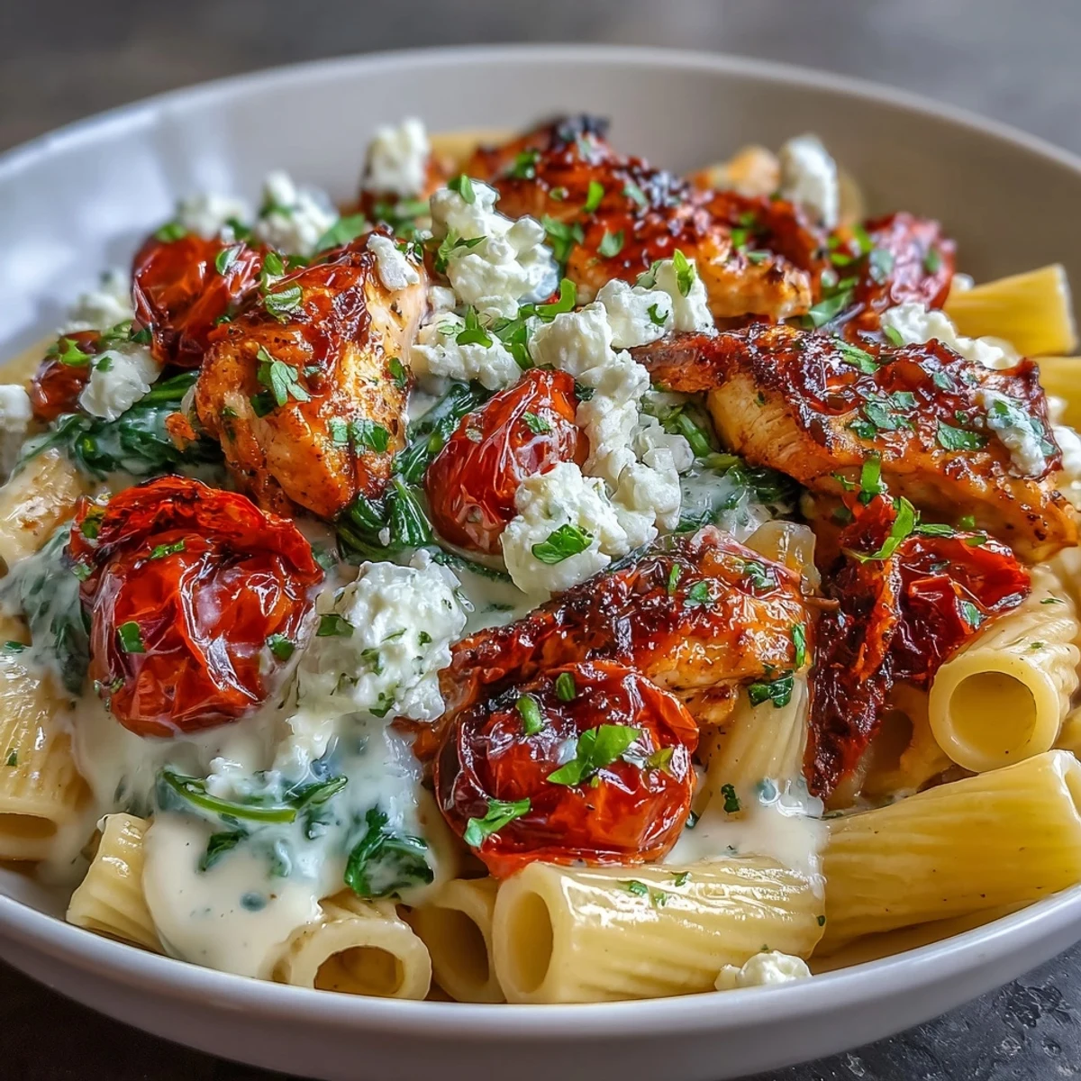 Olive oil roasted garlic and feta chicken pasta in a skillet with spinach and cherry tomatoes.