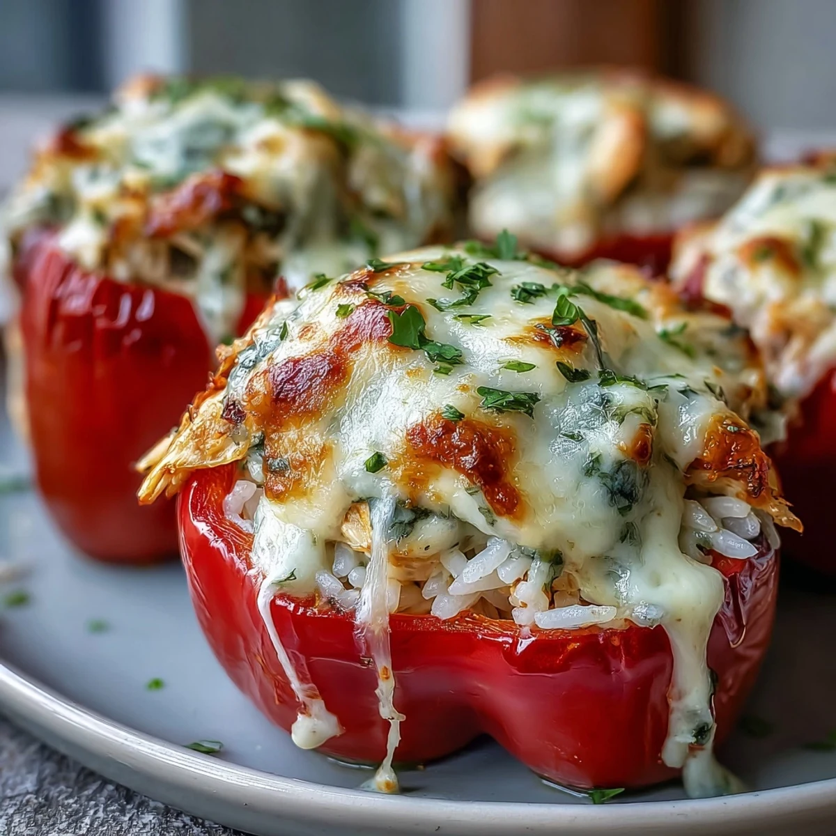 Golden, bubbly Garlic Parmesan Chicken Stuffed Peppers fresh from the oven, their rich cheese sauce melting over tender bell peppers, perfect for a cozy family dinner.