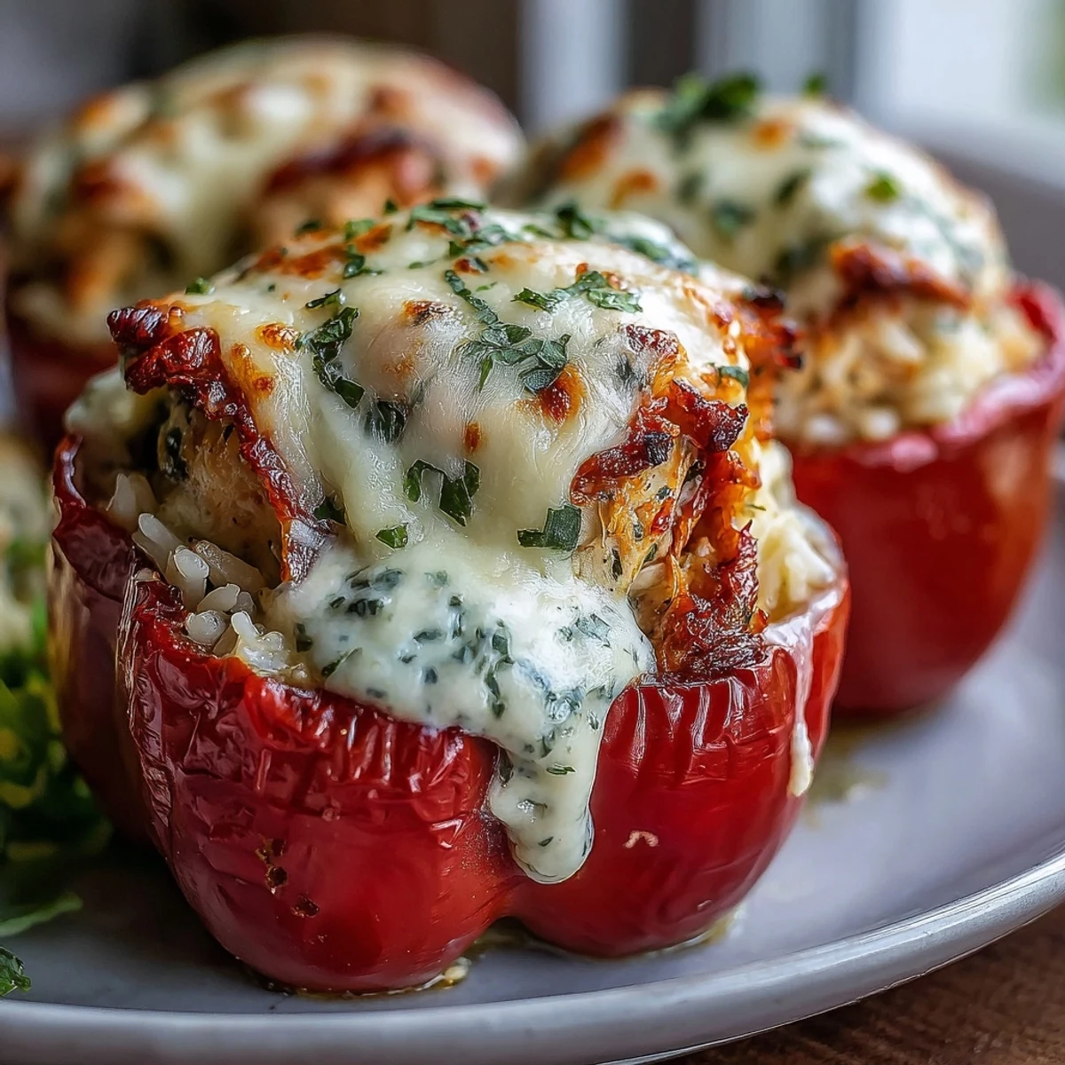 Garlic Parmesan Chicken Stuffed Peppers filled with creamy chicken and rice, ready to serve with a crisp salad, ideal for a flavorful American-style weeknight meal.