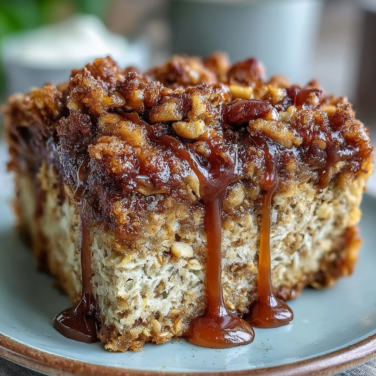 A close-up slice of High-Protein Cinnamon Swirl Coffee Cake Oats on a plate, revealing soft baked oats with a rich cinnamon ribbon and crumble texture. 