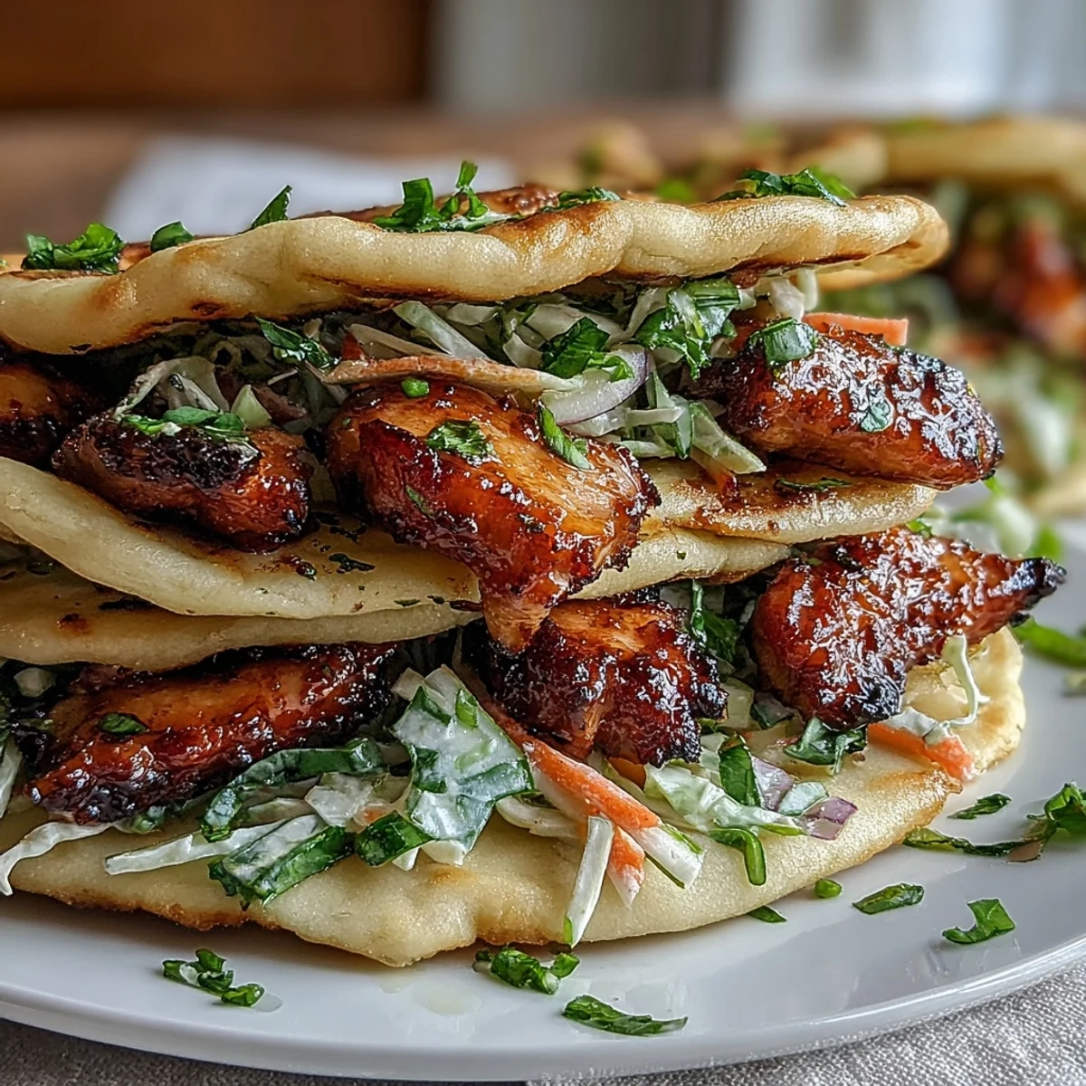 Świetliste naan chrupiące na brzegach skrywa plasterki kurczaka w glazurze miodowo-czosnkowej, z chrupiącą marchewką i kapustą.