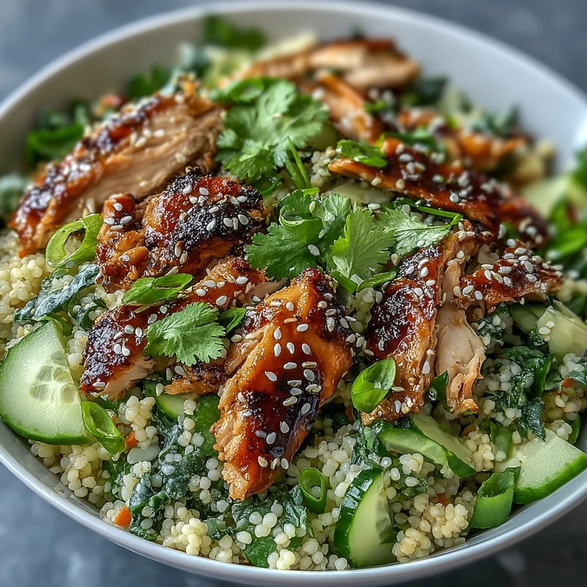 Świeża i chrupiąca miska sałatki Asian Sesame Chicken Couscous Salad z grillowanym kurczakiem i bogatym sosem sezamowym.