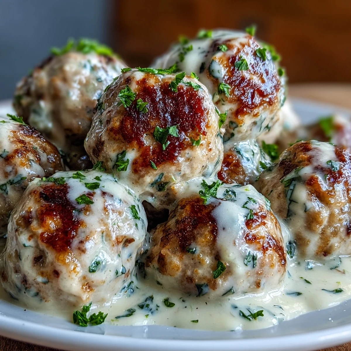 Oven-baked Creamy Garlic Ranch Turkey Meatballs in a velvety sauce on mashed potatoes.