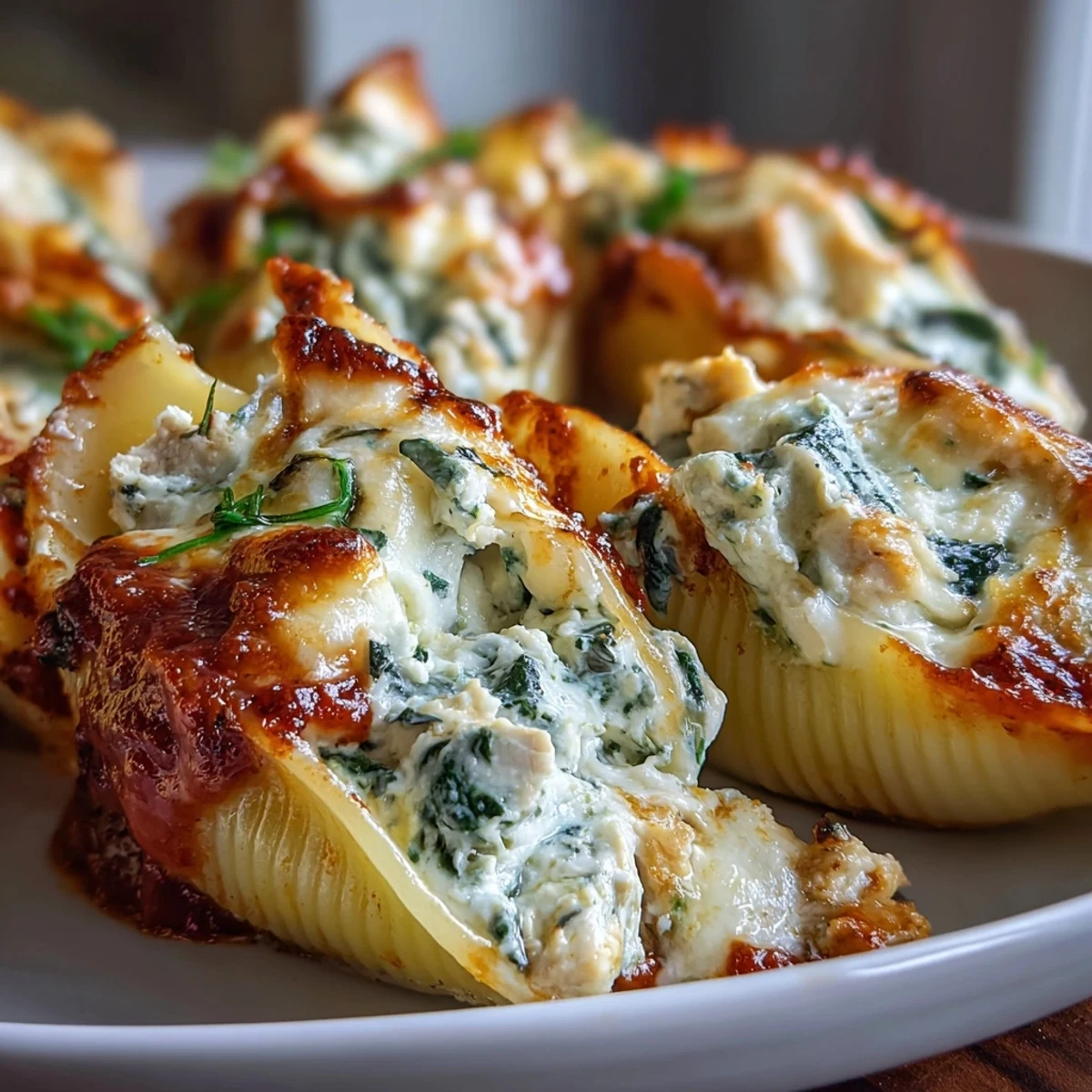 Baked Pesto Chicken Stuffed Shells Lite in marinara, topped with melted mozzarella and fresh basil