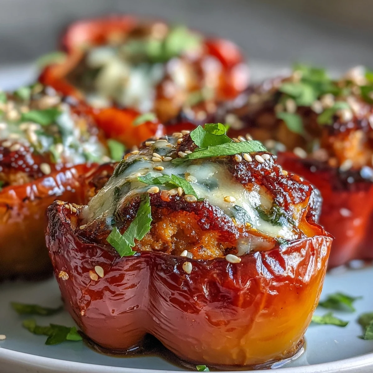 Oven-baked Korean-Style Turkey Stuffed Sweet Peppers topped with gooey melted mozzarella and fresh herbs, served warm.