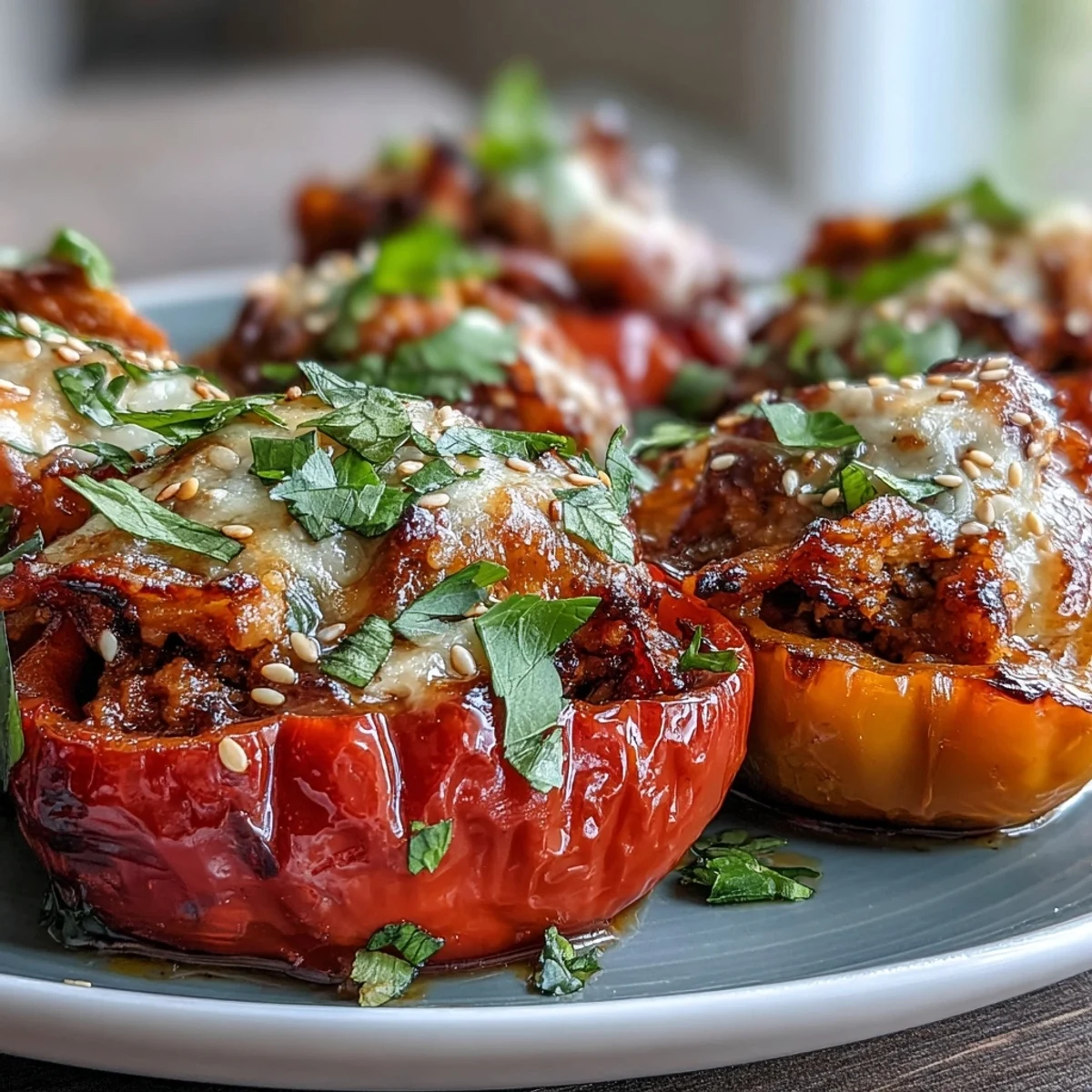 Golden-brown Korean-Style Turkey Stuffed Sweet Peppers on a baking sheet, filled with savory ground turkey and bright red pepper halves.