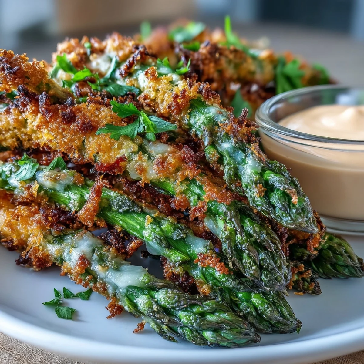 Świeże smażone frytki z szparagów z chrupiącą posypką chili-czosnkową, podane z sosem sriracha-majonezowym.
