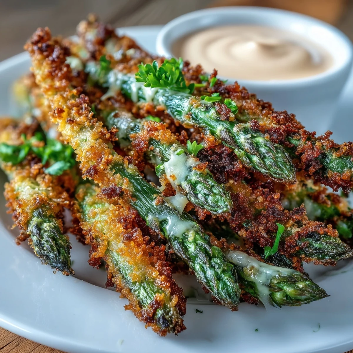Danie wegetariańskie: chrupiące pieczone frytki z szparagów w pikantnej panierce, idealne na imprezowy appetizer.