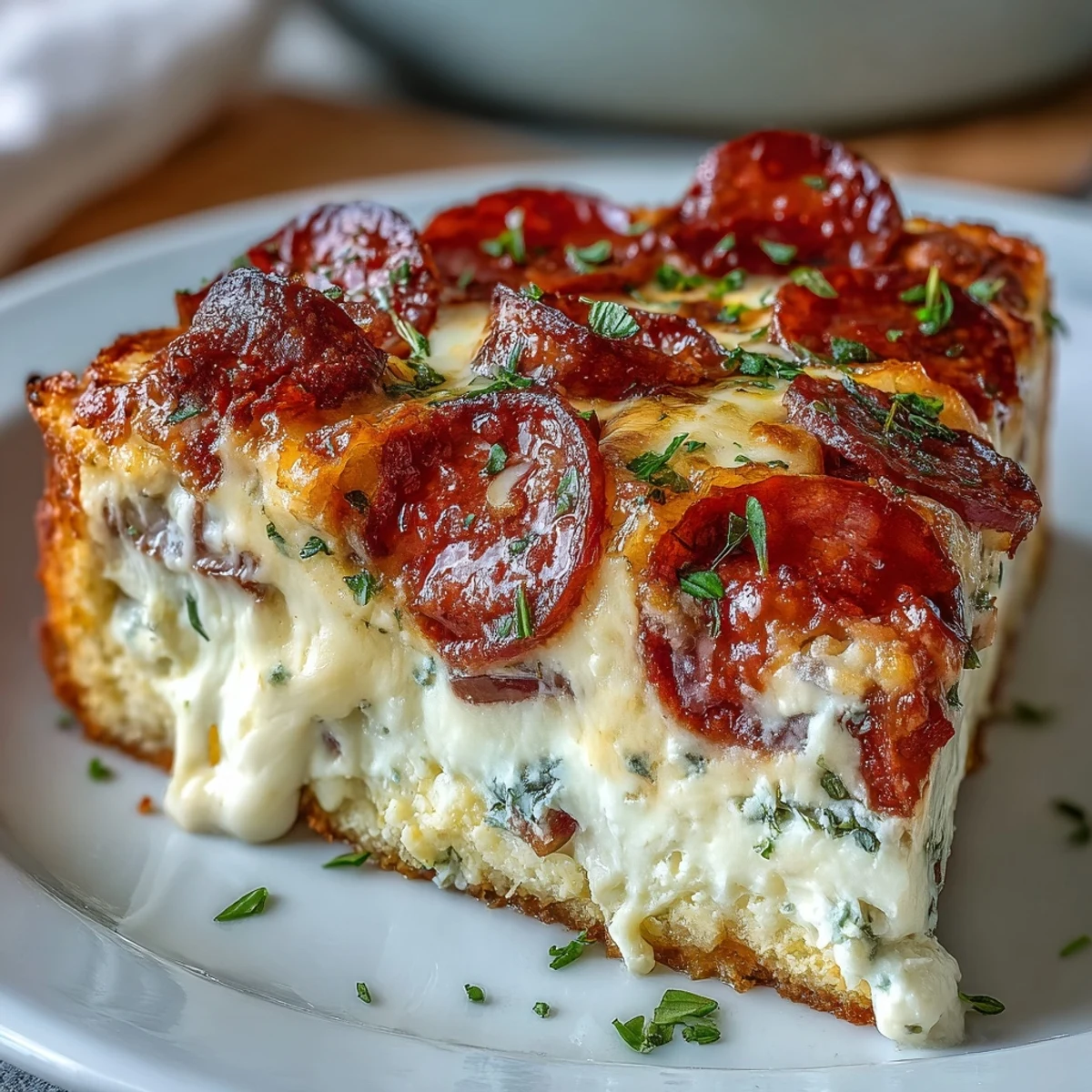 Na wierzchu widoczne są jajka, plasterki indyczego pepperoni, stopiony ser mozzarella i cheddar oraz posiekana natka pietruszki.