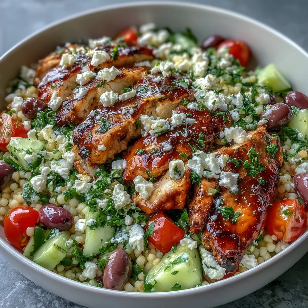 Sizzling Greek chicken strips rest atop Mediterranean Pearl Couscous Chicken Bowls with bright lemon-feta garnish.