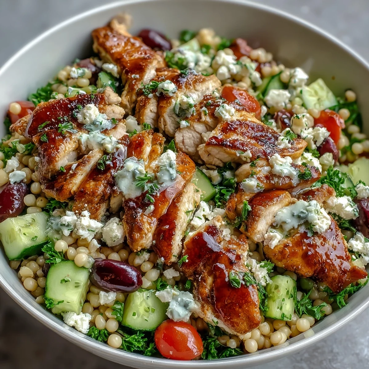 Crisp cucumbers and red onions mingle with olives in this wholesome bowl, served with a zesty dressing.