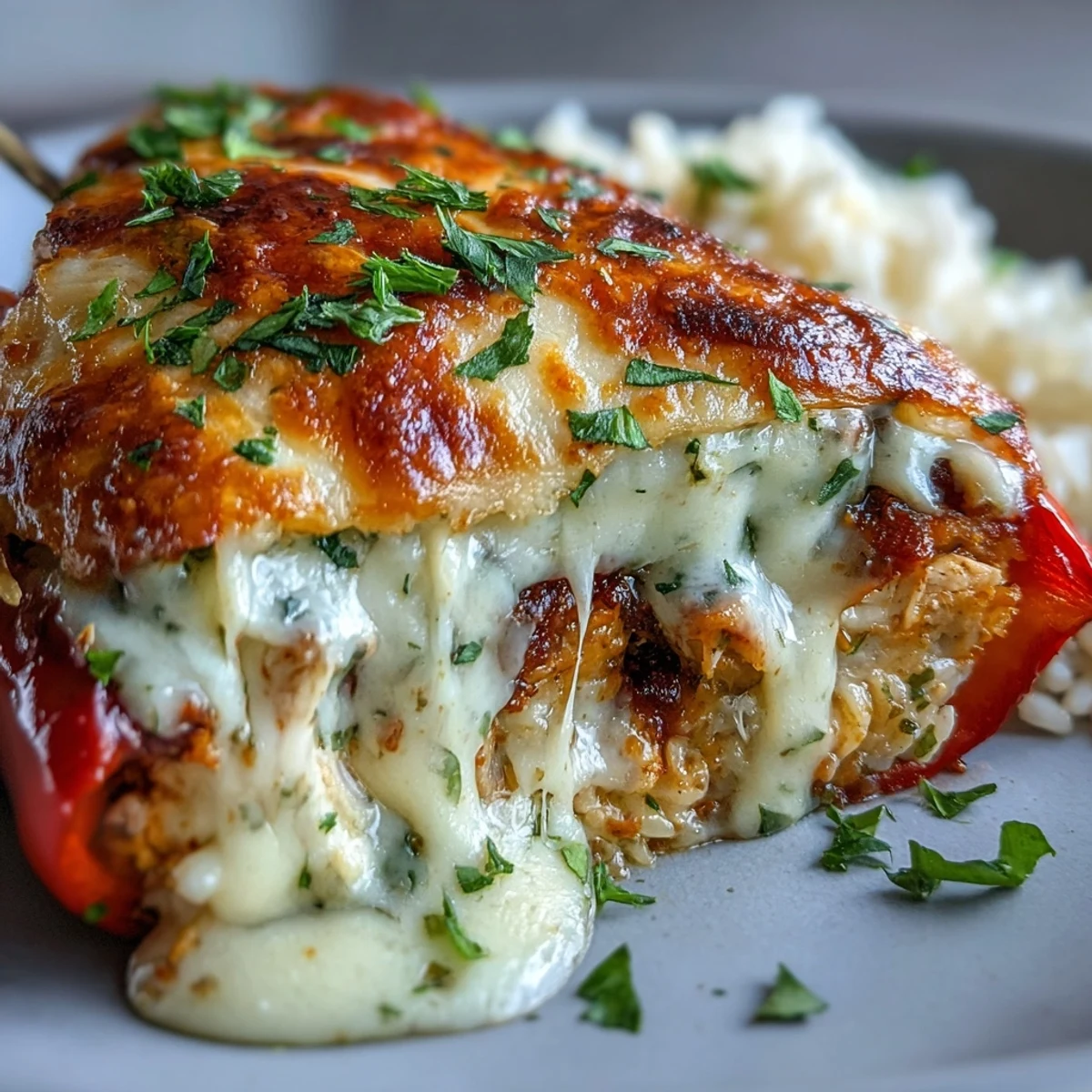 Smoky, melted cheese tops roasted bell peppers brimming with creamy Garlic Parmesan Chicken Stuffed Peppers and rice.