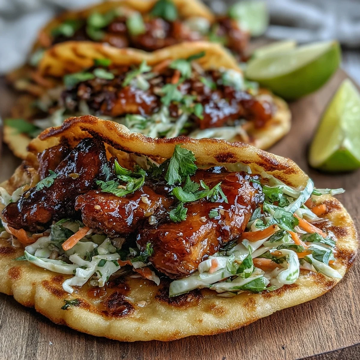 Plate of Honey Garlic Naan Chicken Tacos with warm flatbread, crisp slaw, and lime wedges for squeezing.