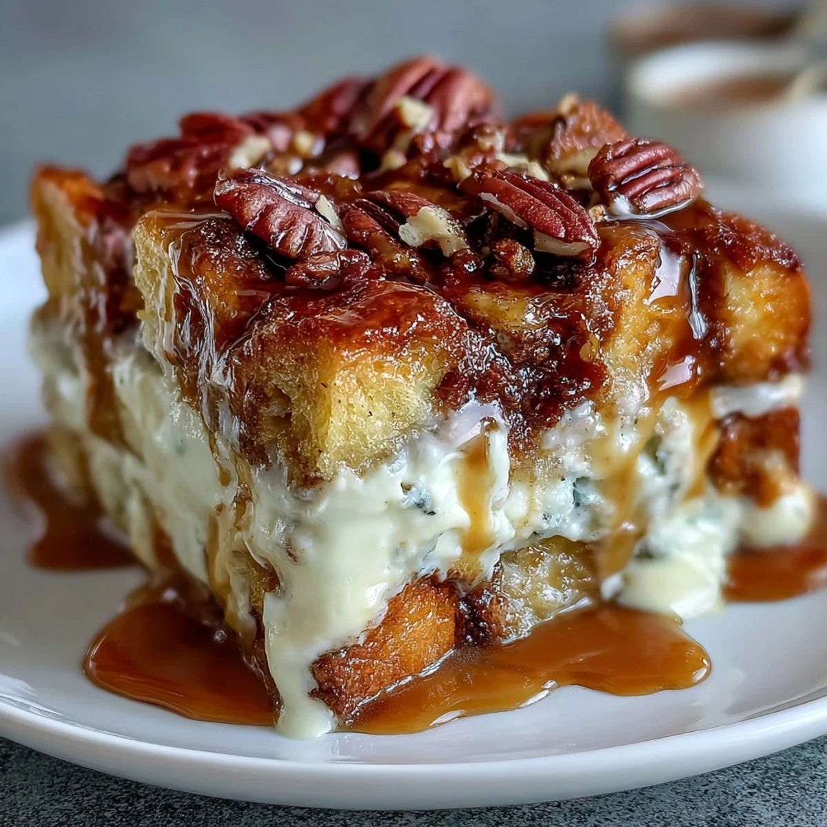 Golden brown Caramel Cream Cheese French Toast Casserole bubbling with rich caramel sauce on a white plate.