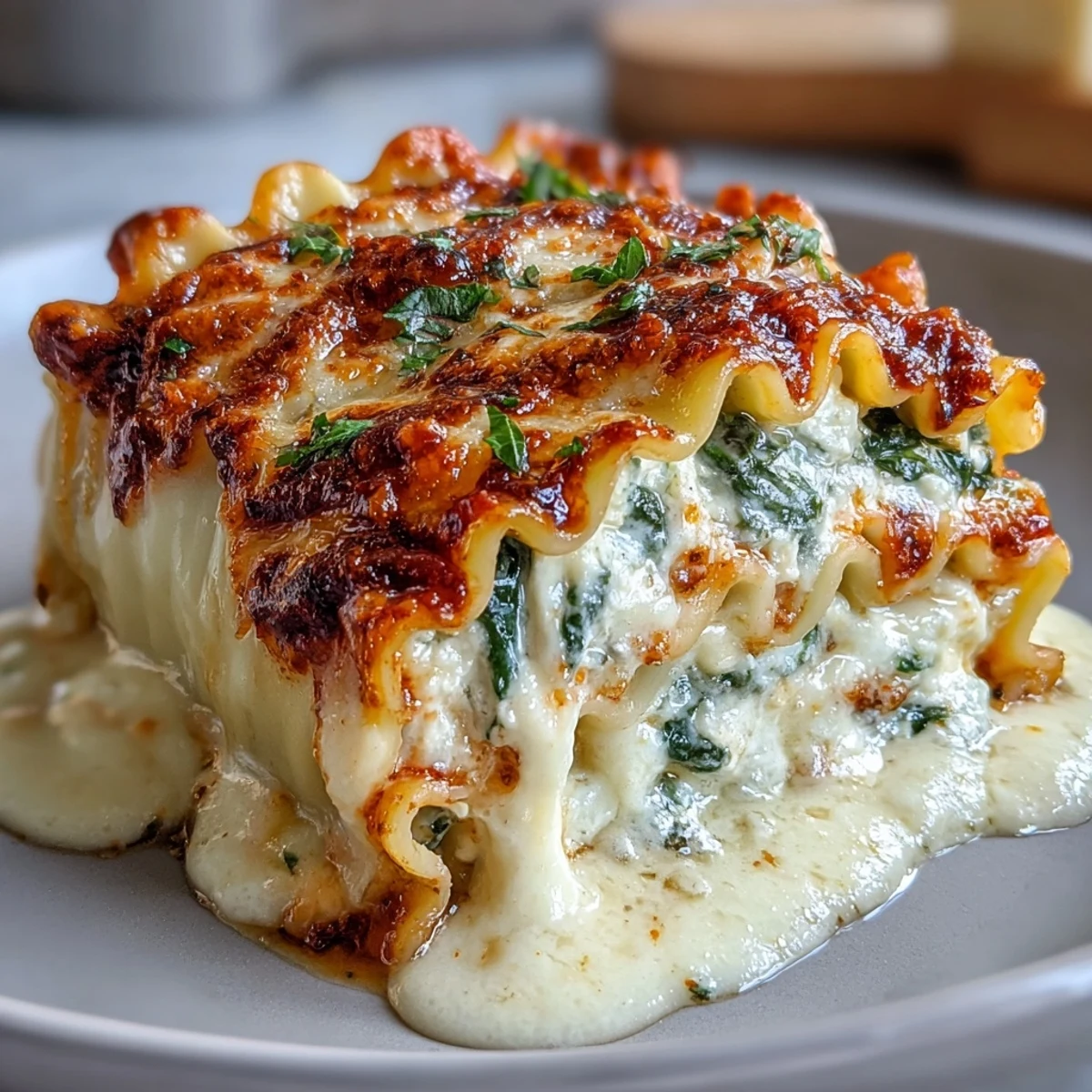 Pyszne Garlic Butter Lasagna Roll-Ups z serem i szpinakiem pieczone w naczyniu żaroodpornym