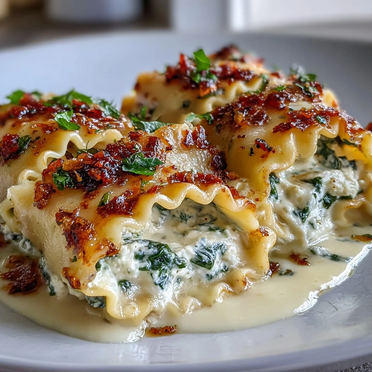 Wieczorne danie z piekarnika: Garlic Butter Lasagna Roll-Ups podane na talerzu z ziołami