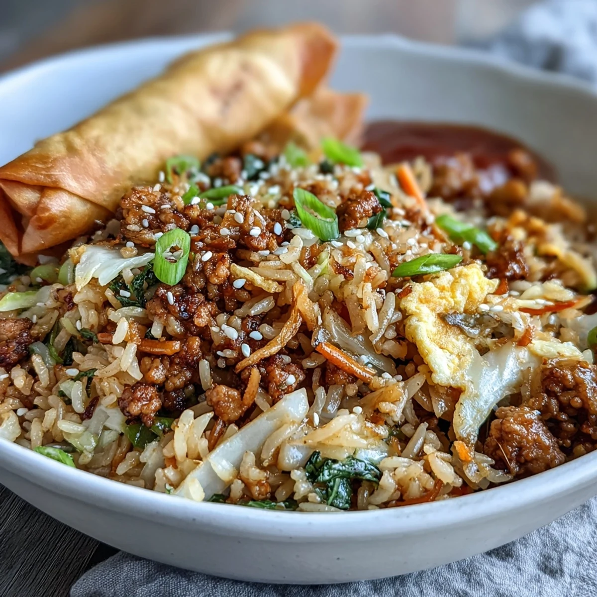 Steaming plate of Crispy Chicken Fried Rice with Egg Roll Flavors topped with crispy onions and toasted sesame seeds.