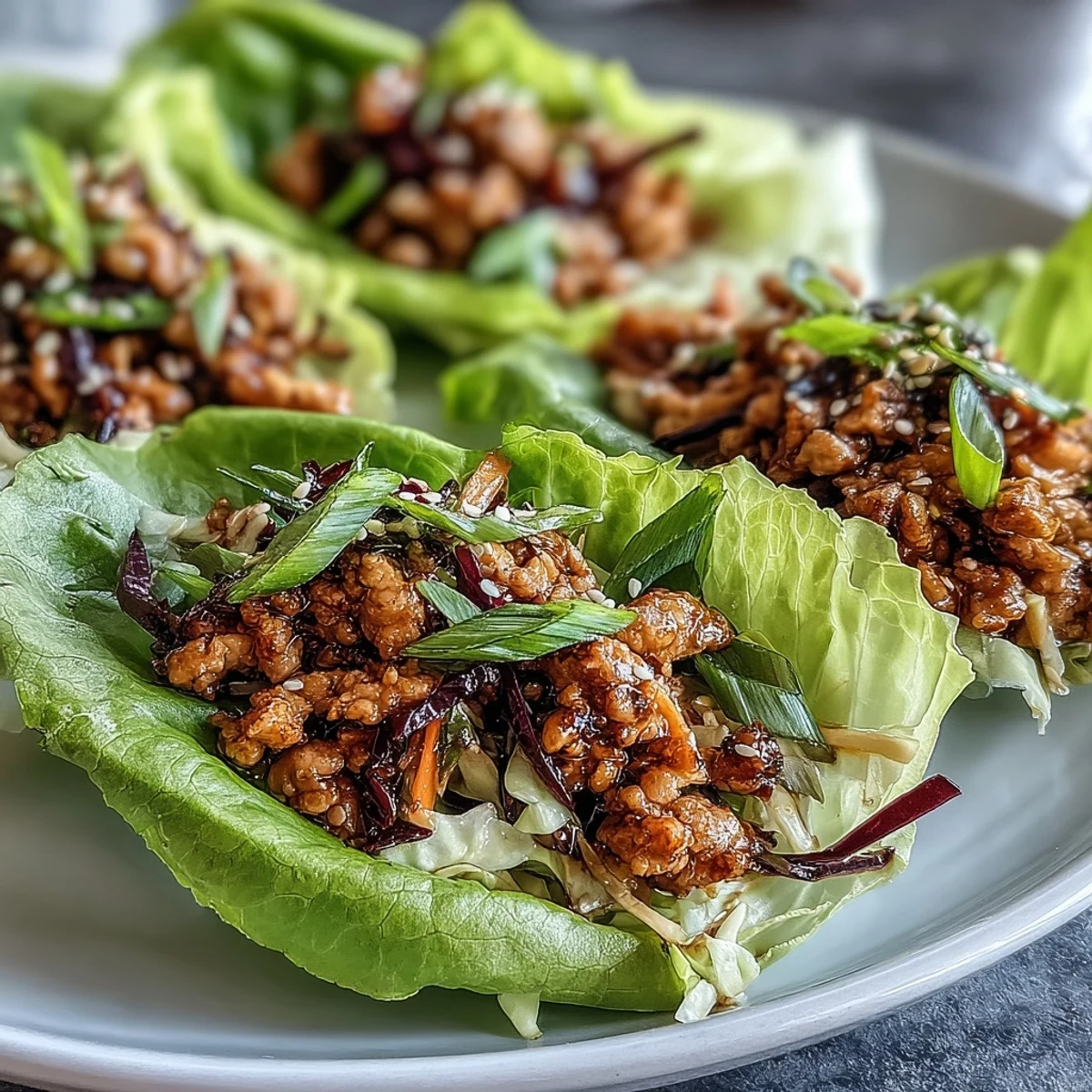 Savory Potsticker-Inspired Chicken Lettuce Boats topped with crunchy carrots and sesame seeds for texture. 