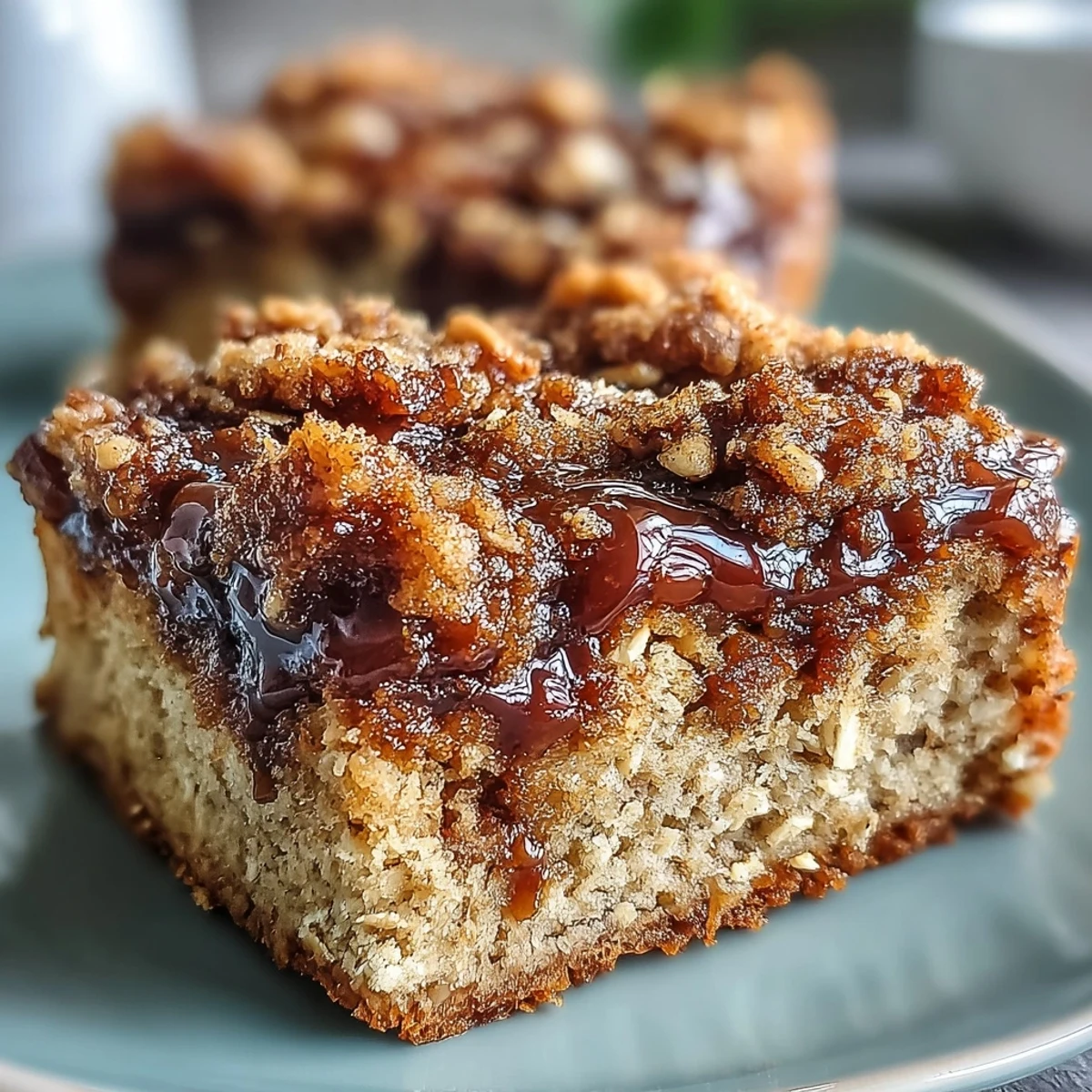 A freshly baked High-Protein Cinnamon Swirl Coffee Cake Oats served warm with Greek yogurt.