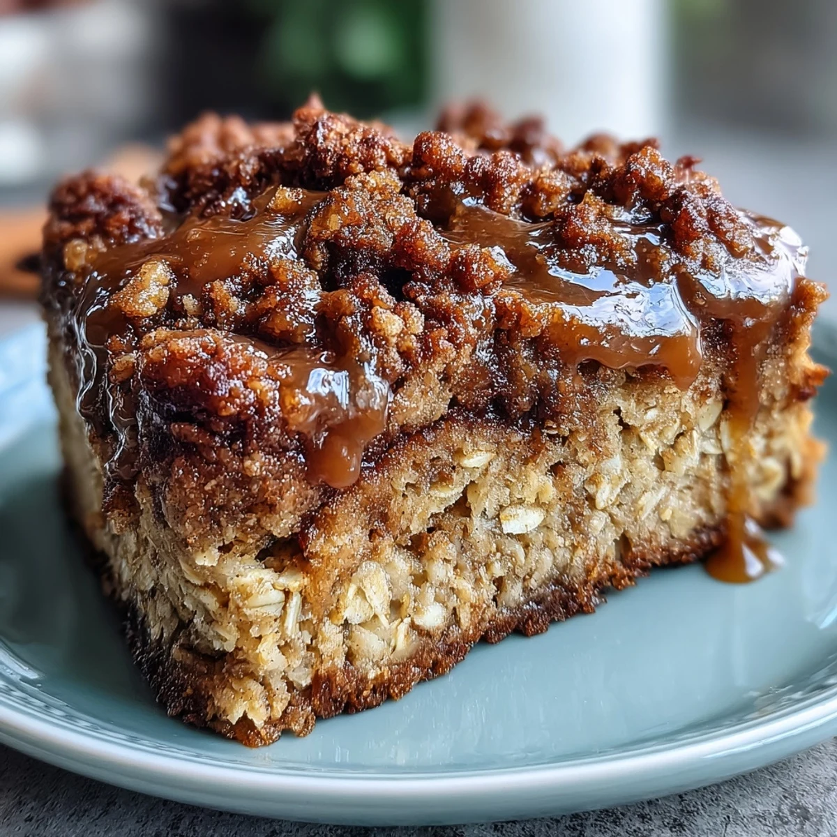 High-Protein Cinnamon Swirl Coffee Cake Oats with a crumbly streusel topping ready for breakfast.