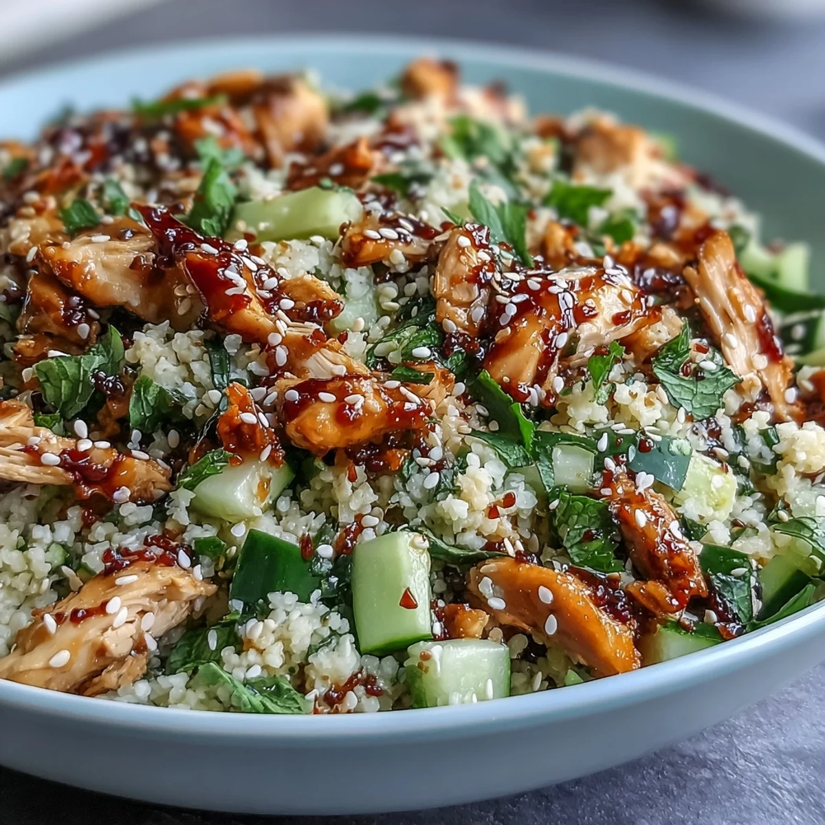 Asian Sesame Chicken Couscous Salad with juicy shredded chicken, crisp cucumber, and fresh herbs tossed in a savory sesame-soy dressing.
