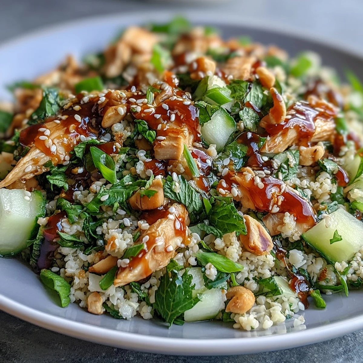 Pearl couscous salad topped with shredded rotisserie chicken, crunchy cucumbers, and sesame seeds in a bold Asian-inspired dressing.
