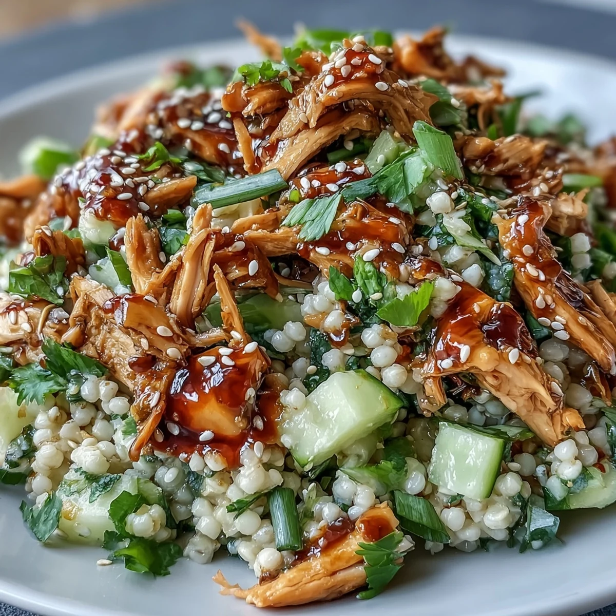 Healthy Asian Sesame Chicken Couscous Salad served chilled with lime wedges, perfect for quick lunches or potlucks.