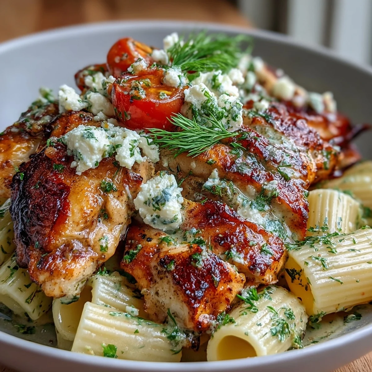 Roasted Garlic & Feta Chicken Pasta served in a white bowl, garnished with fresh dill and lemon zest.