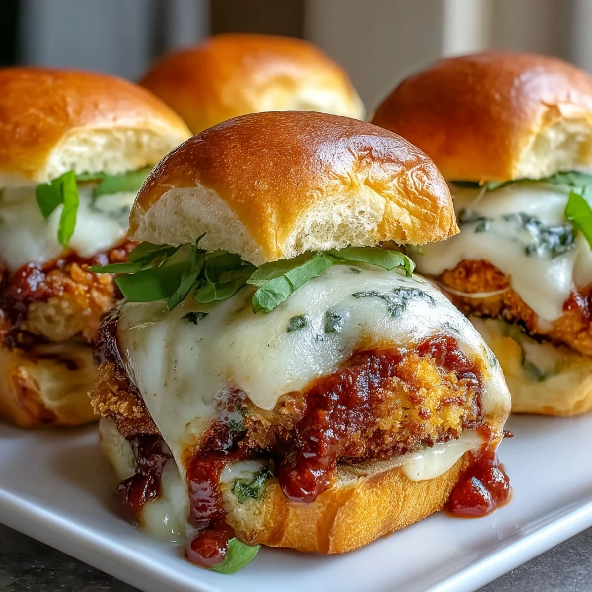 Golden-baked Pesto Chicken Parmesan Sliders on a party tray, oozing melted mozzarella and rich marinara.