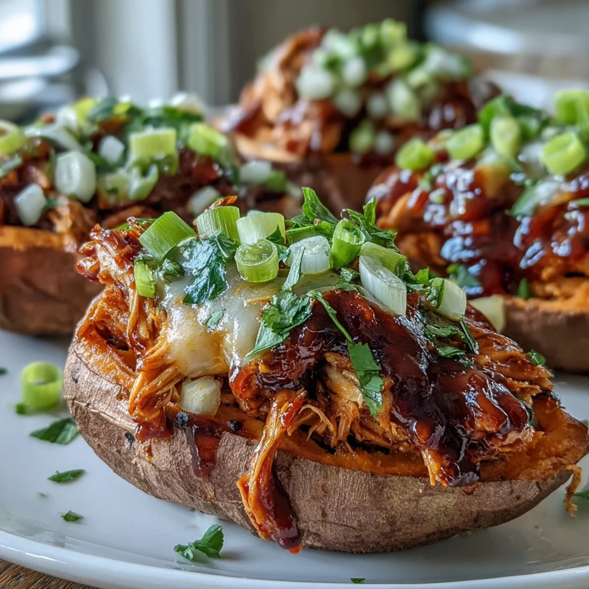 Honey BBQ Chicken Stuffed Sweet Potatoes are oven roasted, split open to reveal tender flesh, and generously filled with saucy, smoky shredded chicken.