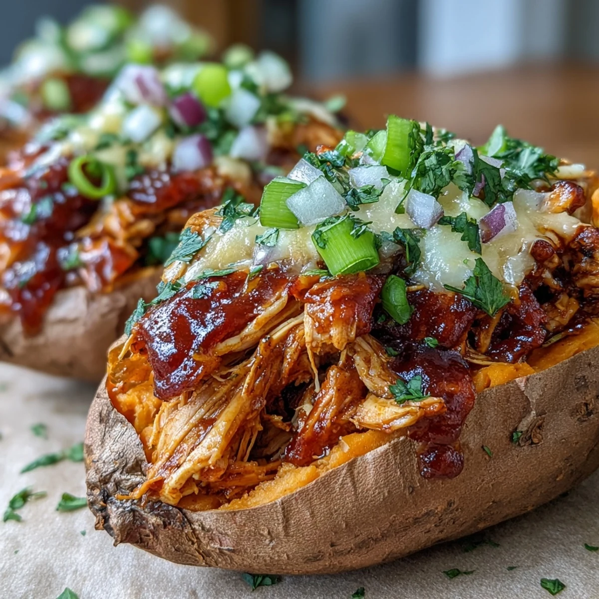 Fresh green onions and cilantro garnish the sweet potatoes, with a dollop of sour cream melting into the warm honey BBQ chicken filling.