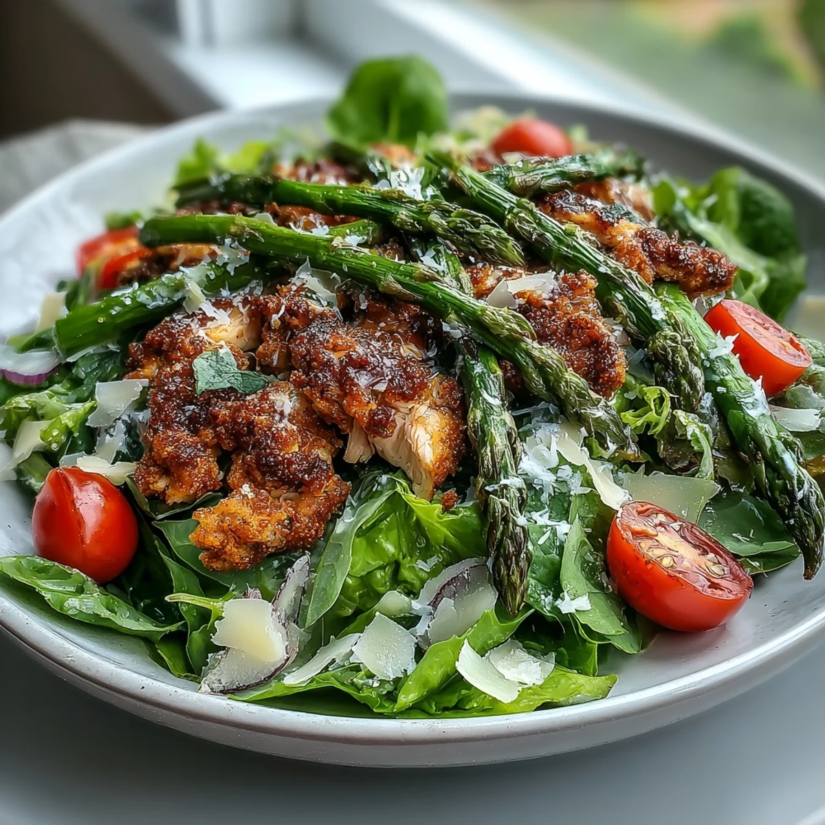 Crispy Parmesan Asparagus Chicken Salad with juicy shredded chicken on fresh greens and golden-baked asparagus spears.