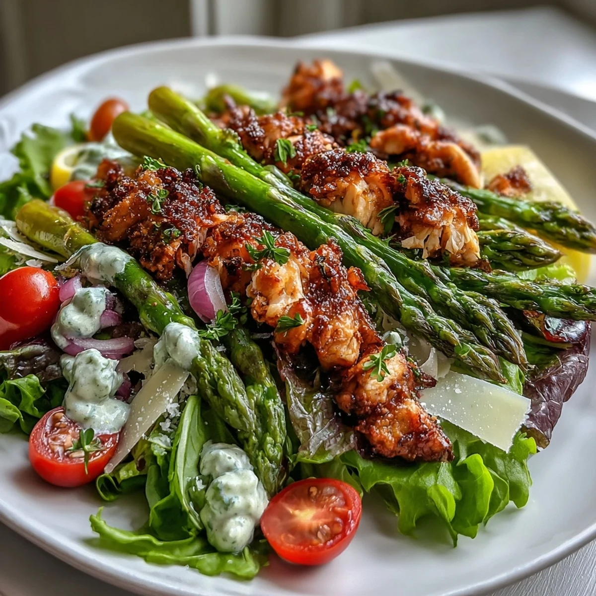 Crispy Parmesan Asparagus Chicken Salad served warm, featuring crunchy asparagus and a bright lemon dressing, ready to enjoy.