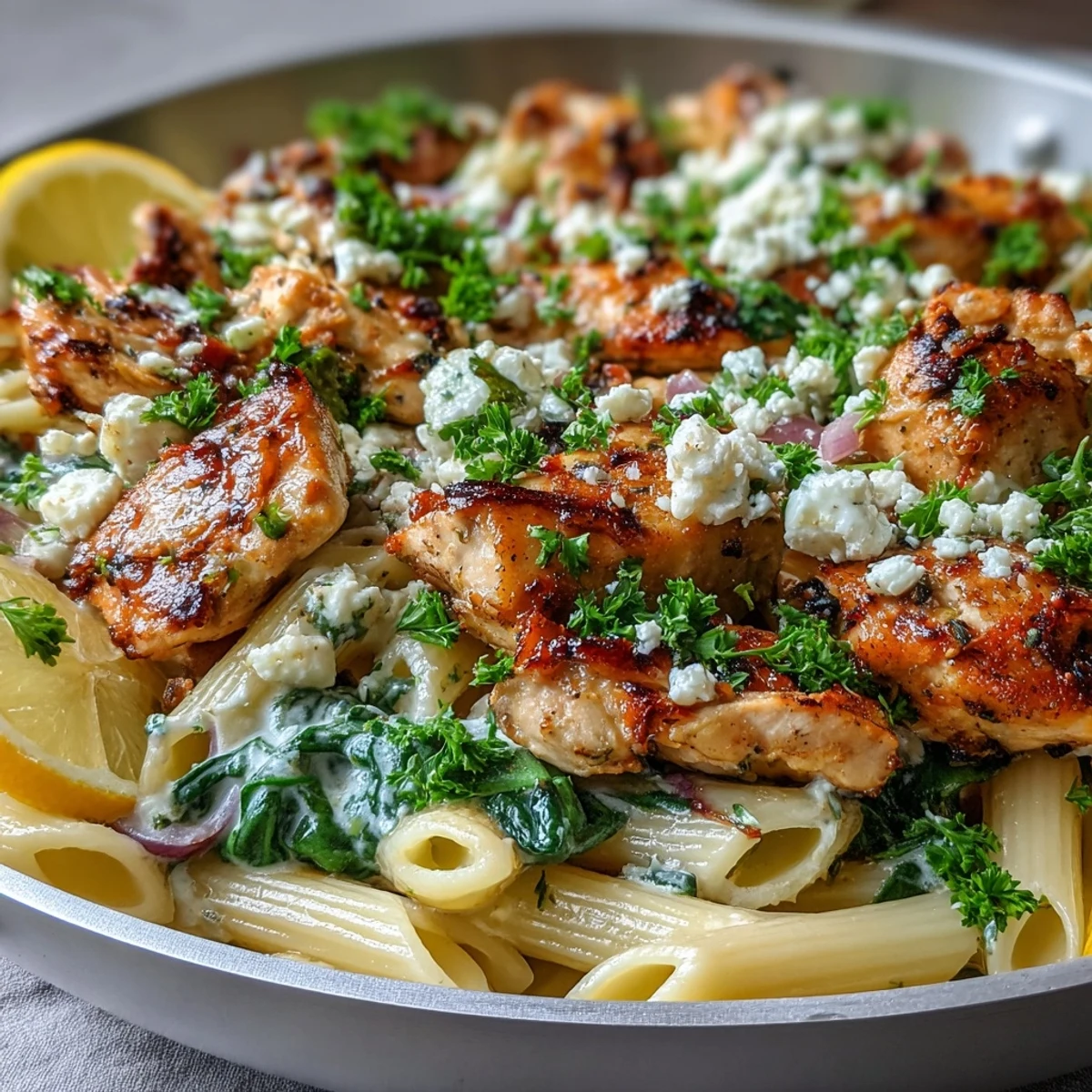 Sizzling Greek Chicken Feta Pasta Skillet with golden-brown chicken and creamy white sauce in a pan.