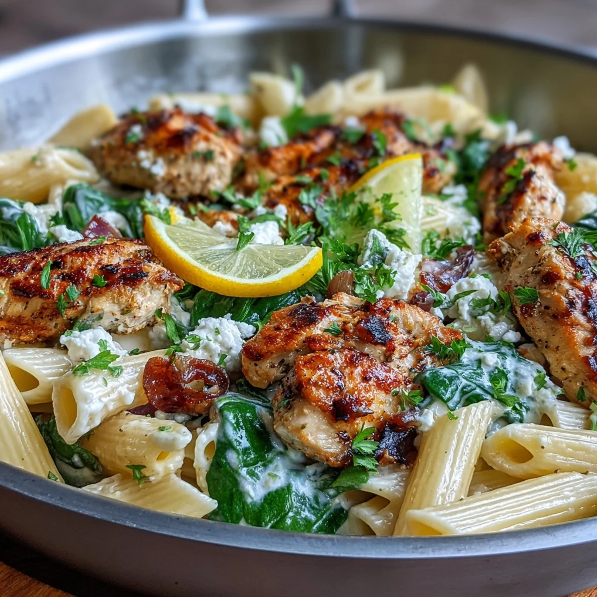Greek Chicken Feta Pasta Skillet served in a rustic dish with wilted spinach and crumbled feta.