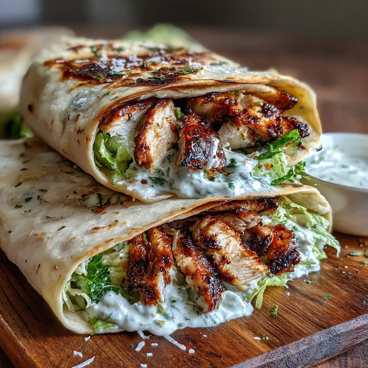 Grilled chicken Caesar wraps made with warm, garlicky naan, crisp romaine, and Parmesan cheese.