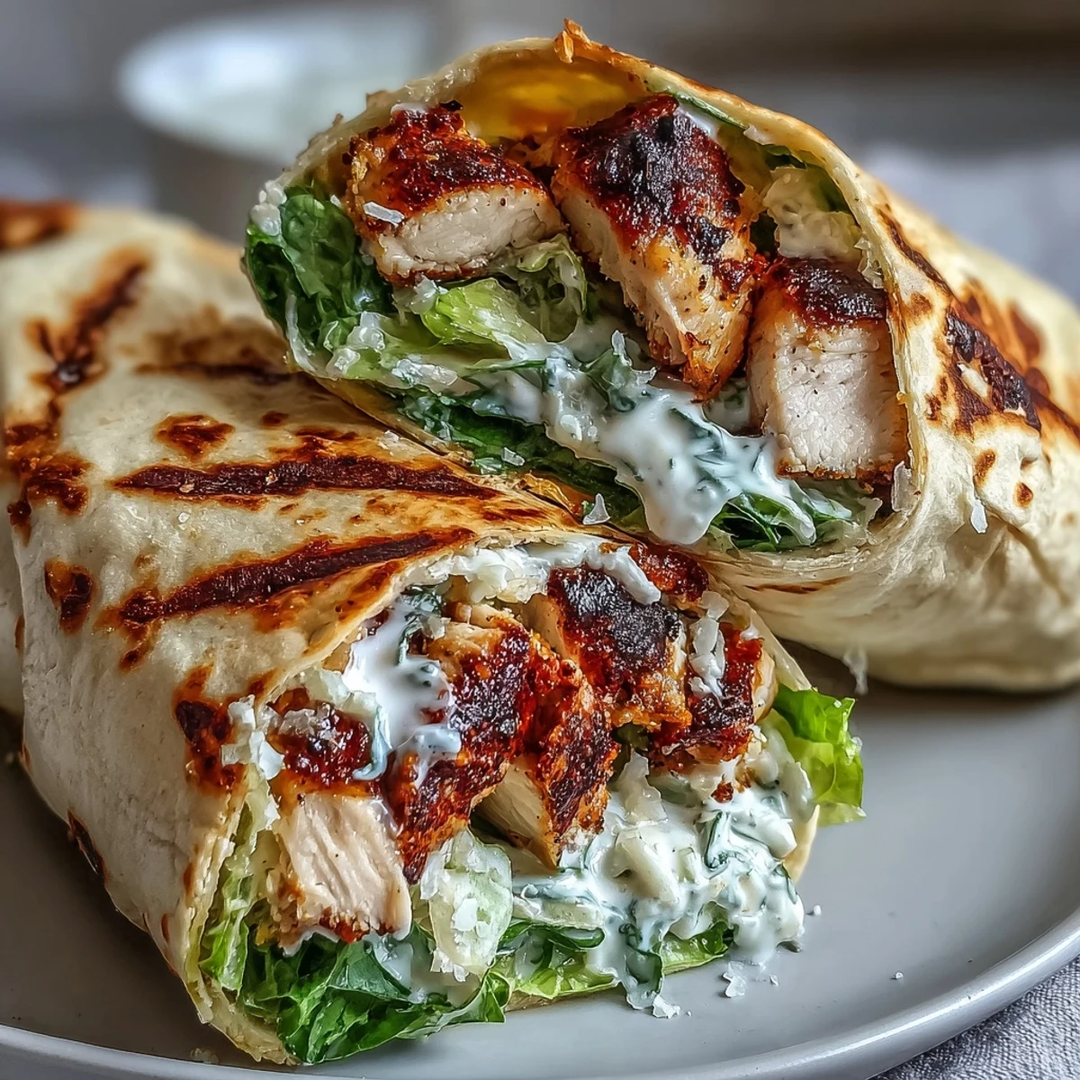 Grilled chicken, crisp romaine, and Parmesan inside warm garlic naan wraps, ready to serve.