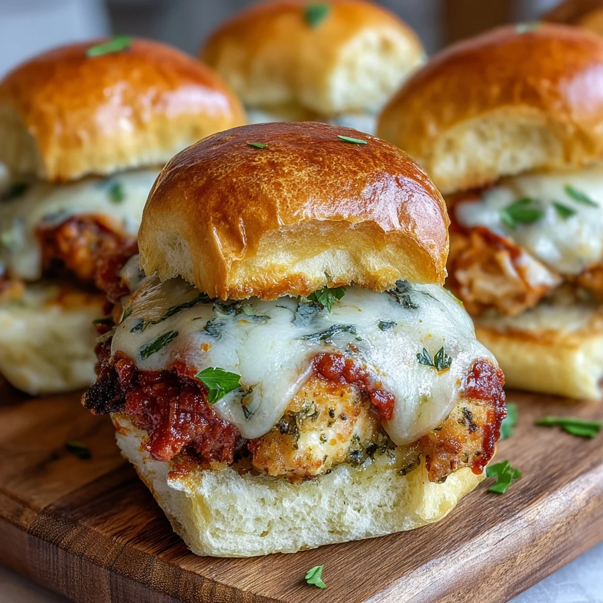 Golden-brown Pesto Chicken Parmesan Sliders on a platter, glistening with melted mozzarella and a drizzle of basil pesto.