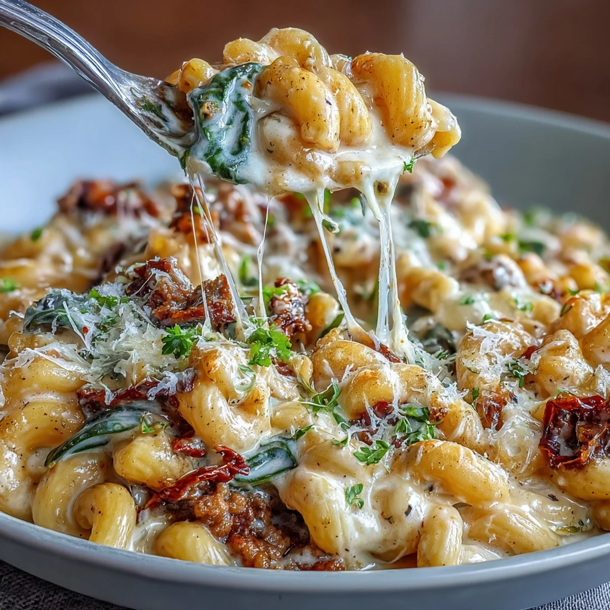 Creamy Tuscan Chili Mac served in a rustic bowl, topped with melted mozzarella and fresh basil leaves.