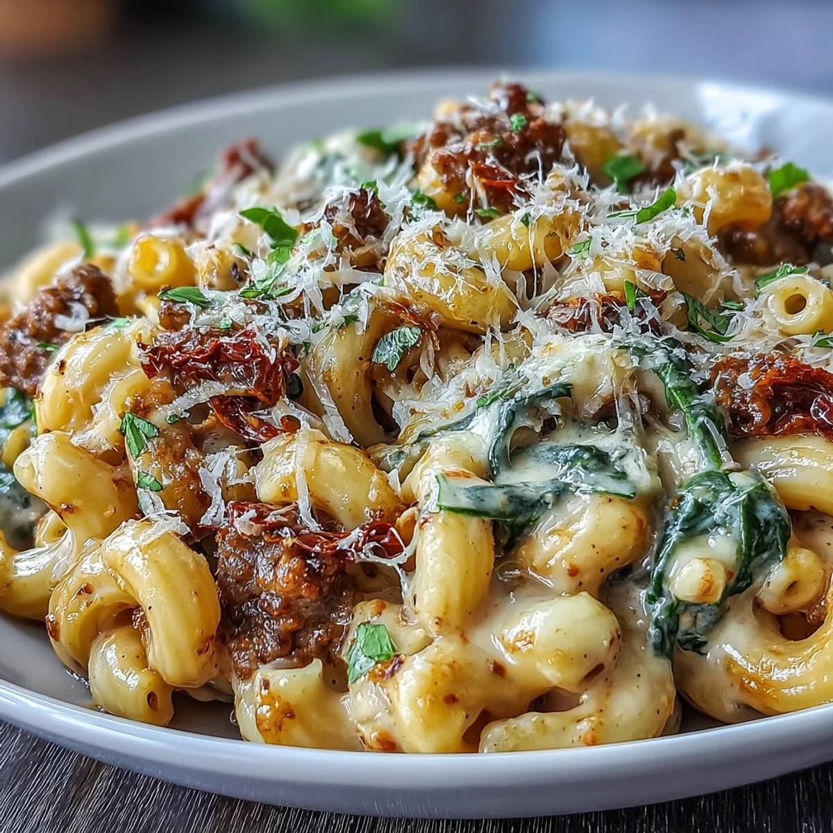 Family-style pot of Creamy Tuscan Chili Mac with pasta, ground beef, and rich red sauce.