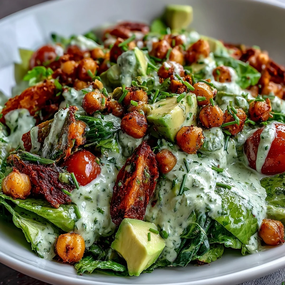 Kolorowa sałatka Pistachio Green Goddess w misce z awokado, chrupiącymi ciecierzycami i sosem z zielonych ziół.
