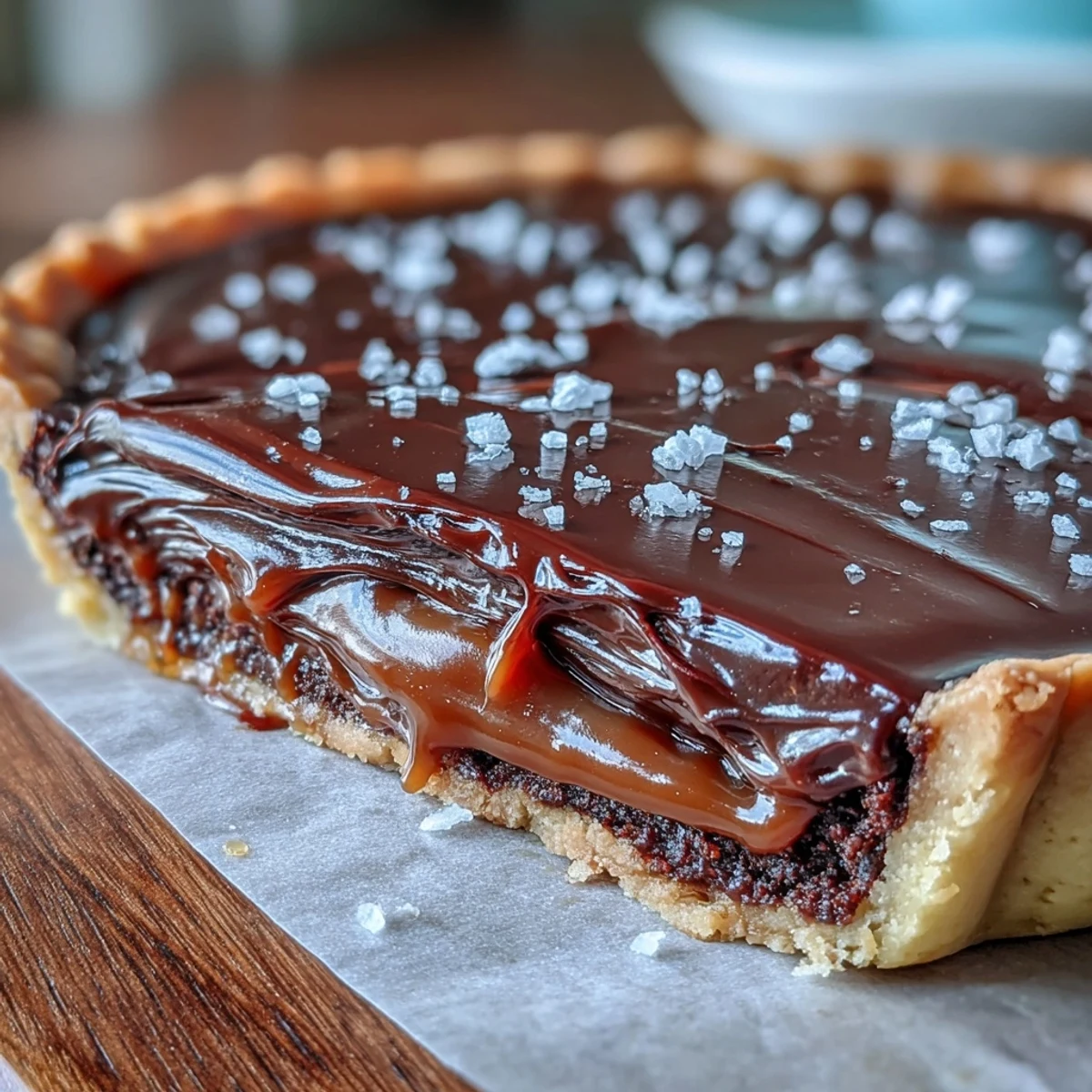 Warm Salted Caramel Chocolate Tart served with a dollop of whipped cream, ready to slice.