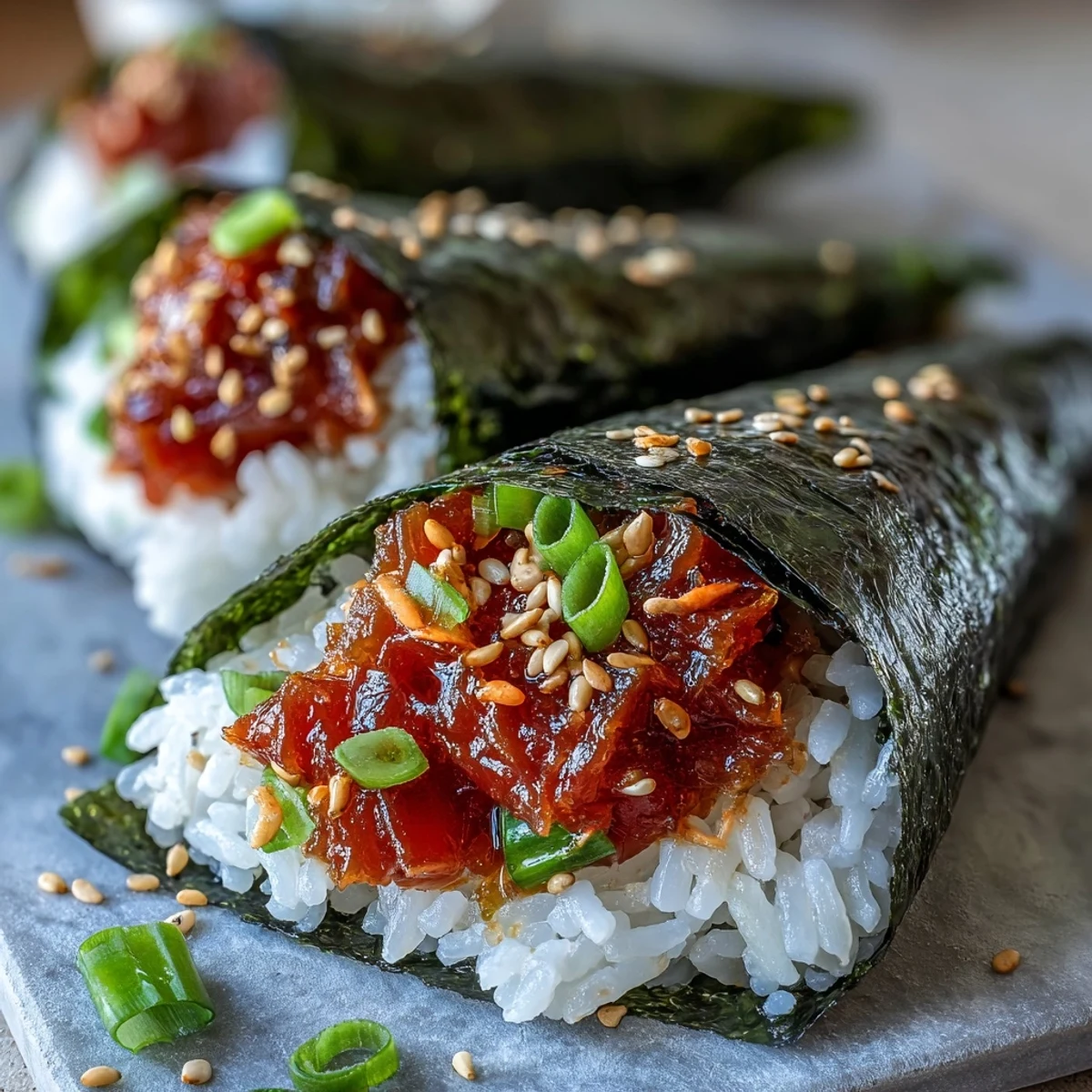 Ugodne w smaku Spicy Tuna Onigiri na blacie kuchennym z ryżem i nori.