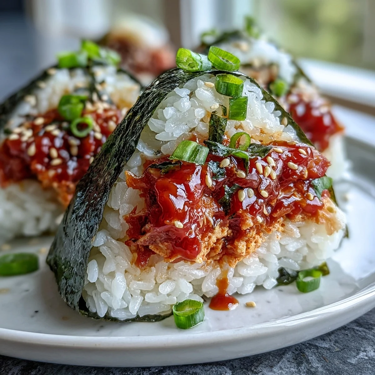 Pożywne Spicy Tuna Onigiri owinięte w nori, idealne na przenośny lunch.