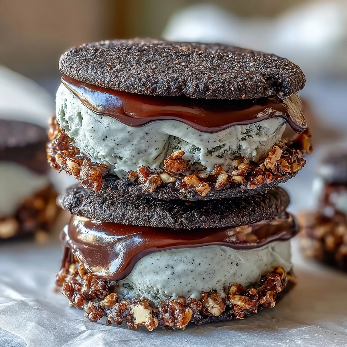 Chewy black sesame cookies sandwich creamy black sesame ice cream for a nutty, rich dessert.