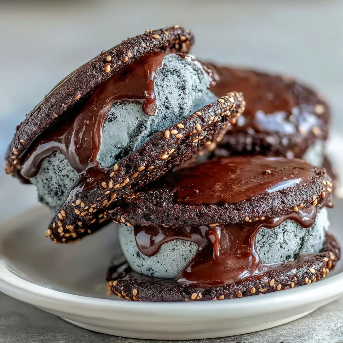 Two black sesame ice cream sandwiches wrapped in parchment paper next to a cup of green tea.